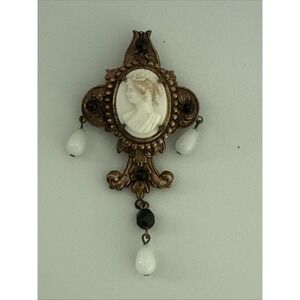 Vintage Victorian Revival Cameo Dangle Brooch Faux Pearl Unmarked